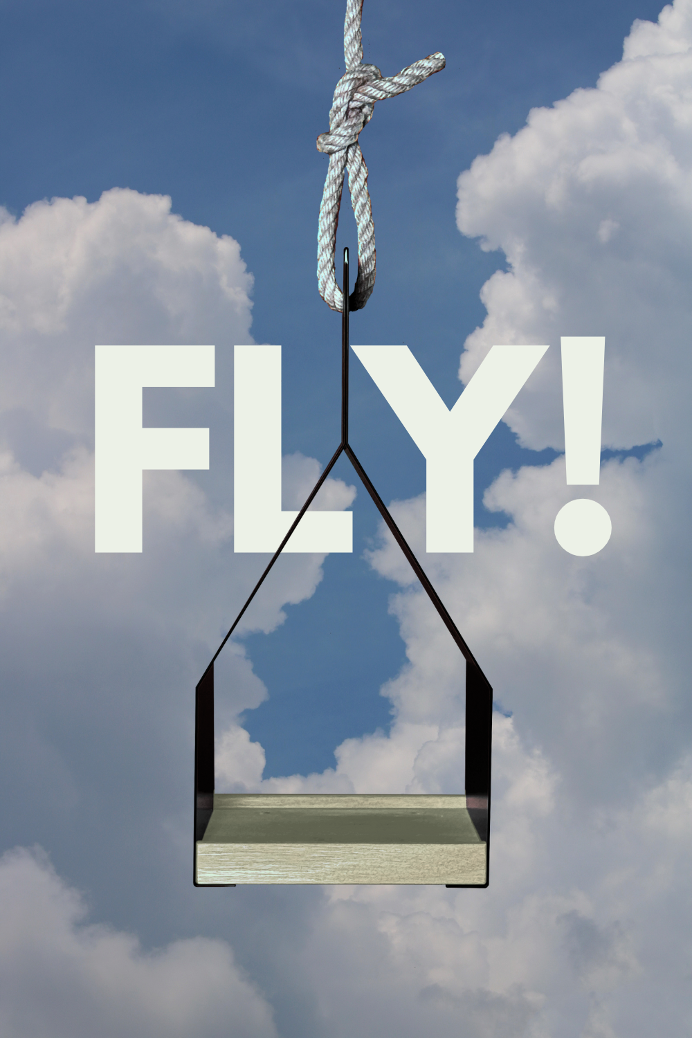 Du siehst unser modernes Vogelfutterhaus. Es hängt vor der Weite des Wolkenhimmels. Mit der Aufforderung FLY! wirst du motiviert, deine Träume wahr werden zu lassen. FLY! Ist auch der Name unseres schwarzen Design-Vogelhauses.