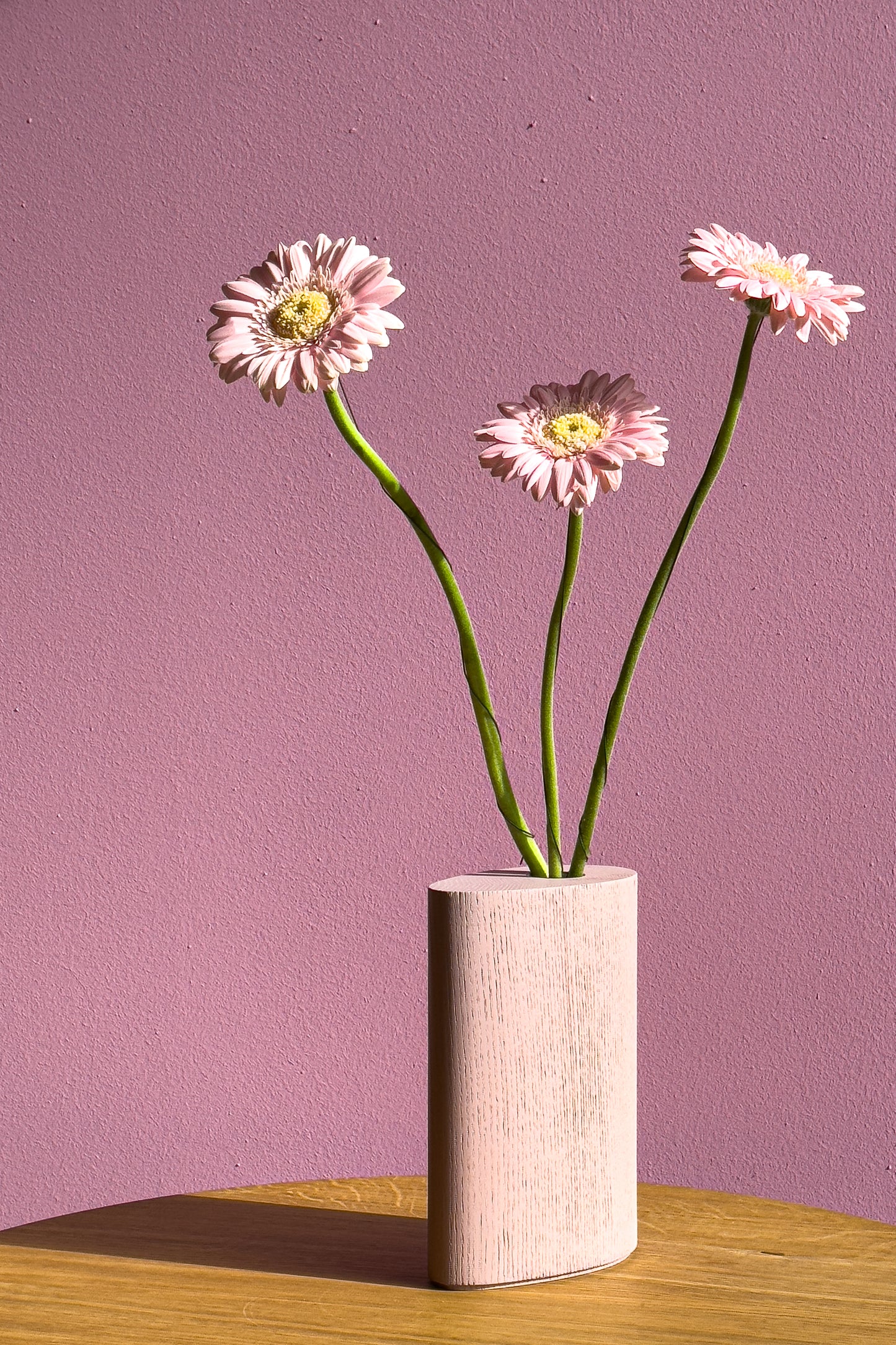 Unsere hochwertige Holzvase in Rosa-Pink steht auf einem runden Beistelltisch aus Eiche. In der handgefertigten Vase aus Massivholz im Farbton „Easy“ stehen drei Geranien. Alles ist monochrom in zartem Rosa gehalten. Die Vase ist ein modernes Design-Wohnaccessoire, das Eleganz und Leichtigkeit versprüht.