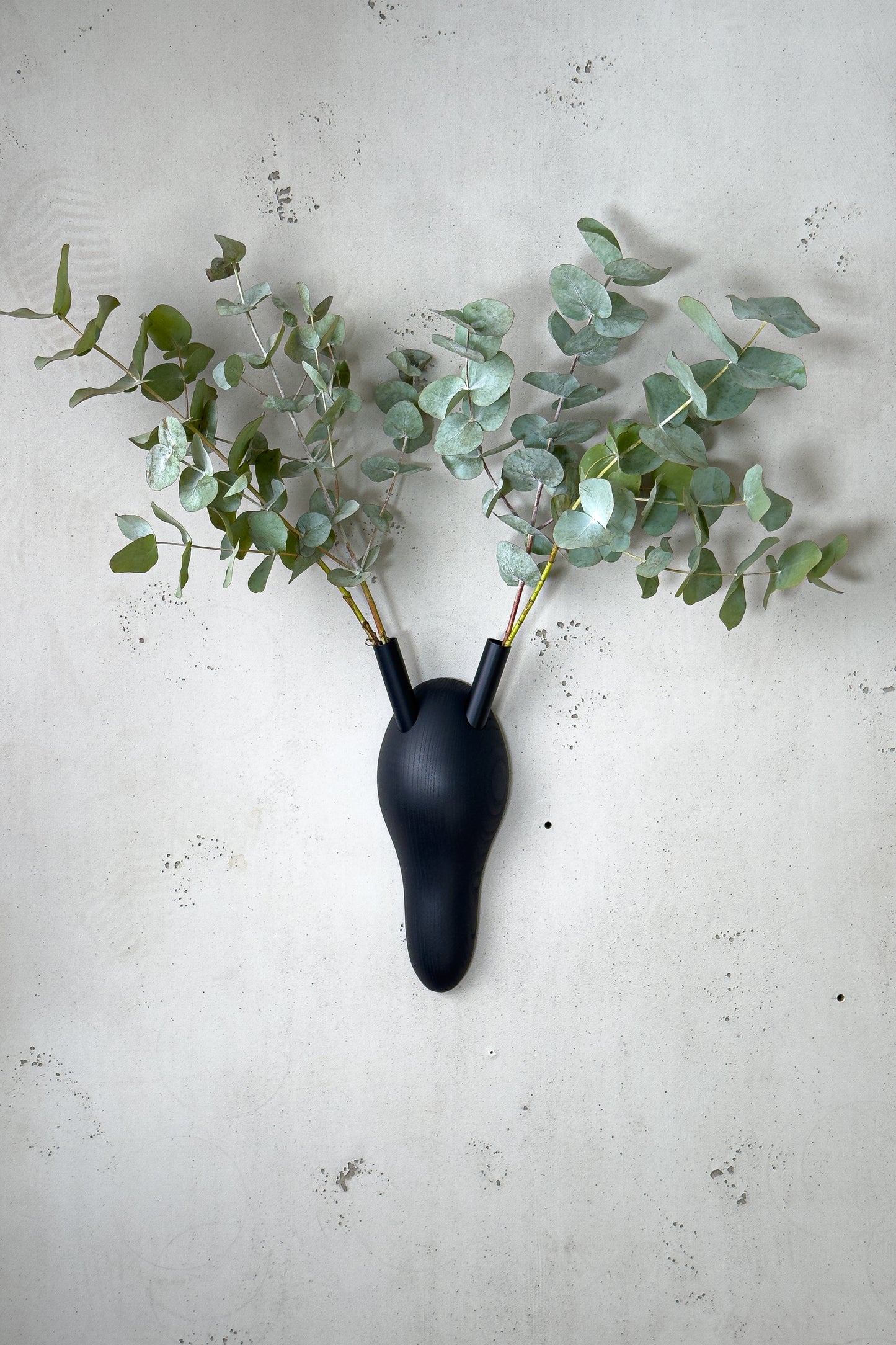 Schwarze Holz-Wanddekoration als Symbol für den Tierschutz. Ein veganes Geweih - Vegeih, das in seinen stilisierten Hörnern, die als Vasen fungieren, Eucalyptus trägt.
