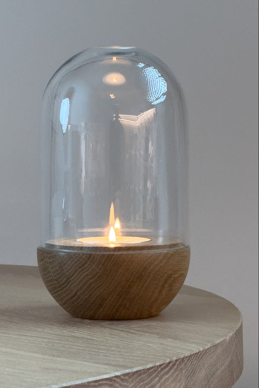 GLOW modernes Windlicht Klarglas Eiche Massivholz im minimalistischen Scandi-Design